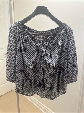 Black & White Printed Peasant Tunic with Tassel Tie